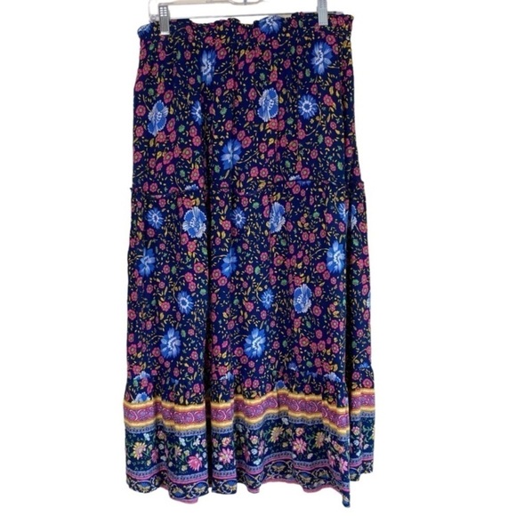 ZESICA Boho Dark Floral Tiered Peasant Maxi Skirt Cornflower Print Navy Pink M - Picture 1 of 14